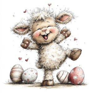 May include: A watercolor illustration of a cheerful lamb with a big smile, rosy cheeks, and outstretched arms. The lamb is surrounded by decorated Easter eggs and small red hearts, all set against a white background.