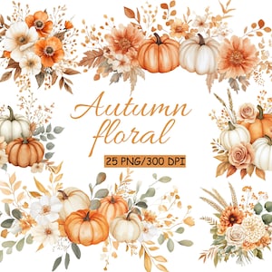 Può includere: Illustrazione ad acquerello con composizioni floreali autunnali con zucche e fiori nei toni dell'arancione, bianco e marrone. Il testo "Autumn floral" è scritto in corsivo, con "25 PNG/300 DPI" sotto.