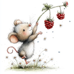 May include: A whimsical illustration of a mouse reaching for ripe red raspberries on a branch. The mouse, with its fluffy fur and pink ears, stands among daisies and grass. The artwork has a soft, watercolor style.