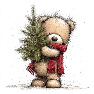 K&ouml;nnte beinhalten: Illustration eines Teddyb&auml;ren, der einen kleinen Weihnachtsbaum h&auml;lt. Der B&auml;r ist hellbraun und tr&auml;gt einen roten Schottenkaro-Schal. Der Baum ist gr&uuml;n mit roten Beeren, und der Hintergrund hat einen Schneeeffekt.