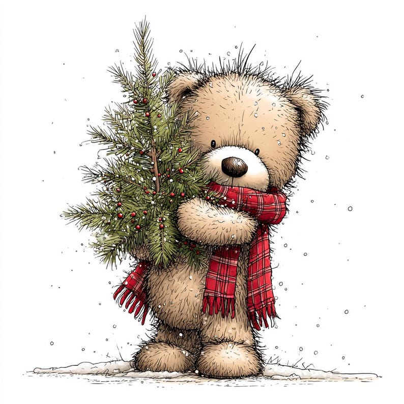 K&ouml;nnte beinhalten: Illustration eines Teddyb&auml;ren, der einen kleinen Weihnachtsbaum h&auml;lt. Der B&auml;r ist hellbraun und tr&auml;gt einen roten Schottenkaro-Schal. Der Baum ist gr&uuml;n mit roten Beeren, und der Hintergrund hat einen Schneeeffekt.