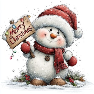 May include: A white snowman wearing a red hat and scarf, red mittens, and a brown button, holding a wooden sign that reads Merry Christmas. The snowman is surrounded by pine needles, red berries, and falling snow against a white background.