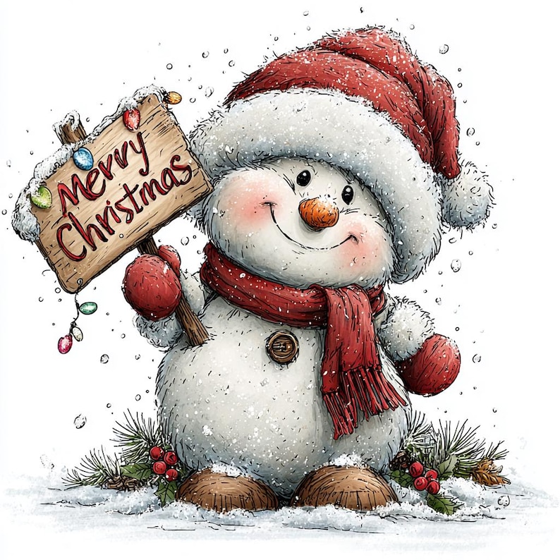 May include: A white snowman wearing a red hat and scarf, red mittens, and a brown button, holding a wooden sign that reads Merry Christmas. The snowman is surrounded by pine needles, red berries, and falling snow against a white background.