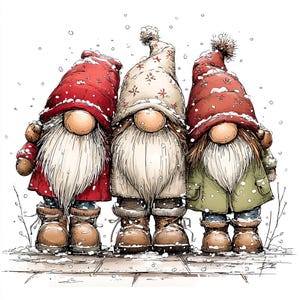 May include: A watercolour illustration of three gnomes in winter clothing. Each gnome has a long white beard, a large nose, and a pointed hat. The hats are red, cream, and red, with star patterns. They wear brown boots and coats, with snow falling.