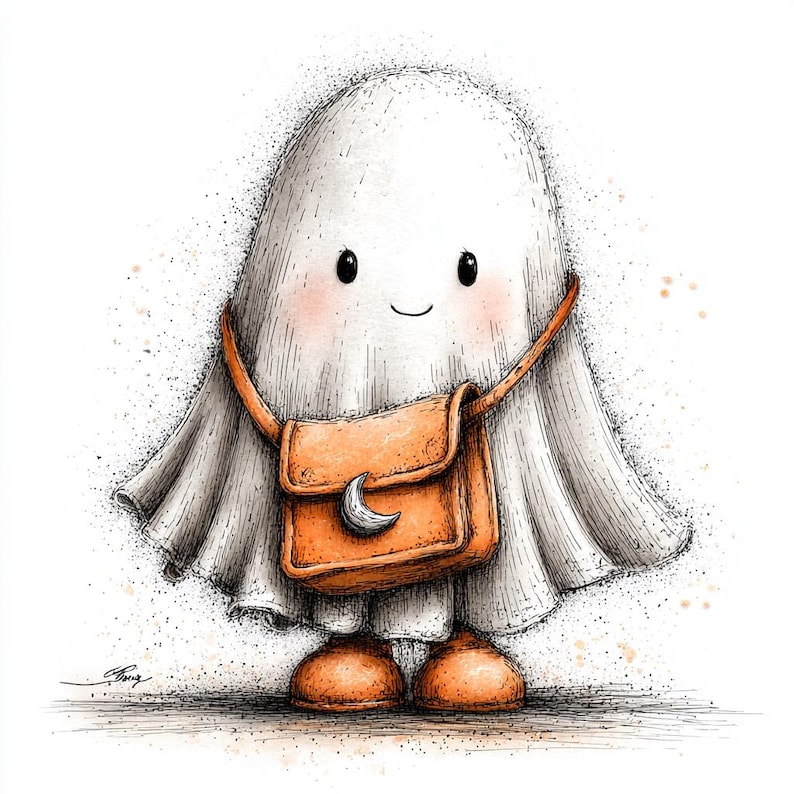 May include: A whimsical illustration of a friendly ghost with a white sheet, rosy cheeks, and a small smile. The ghost wears an orange satchel with a crescent moon detail and matching orange shoes. The artwork has a hand-drawn style.