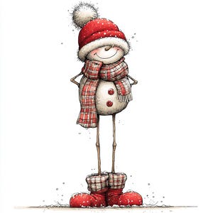 Op de afbeelding: Illustratie van een grillige sneeuwman. De sneeuwman draagt een rode hoed met een witte pompon, een rood-witte geruite sjaal en bijpassende rode laarzen. De sneeuwman heeft een lachend gezicht en staat op een besneeuwd oppervlak.