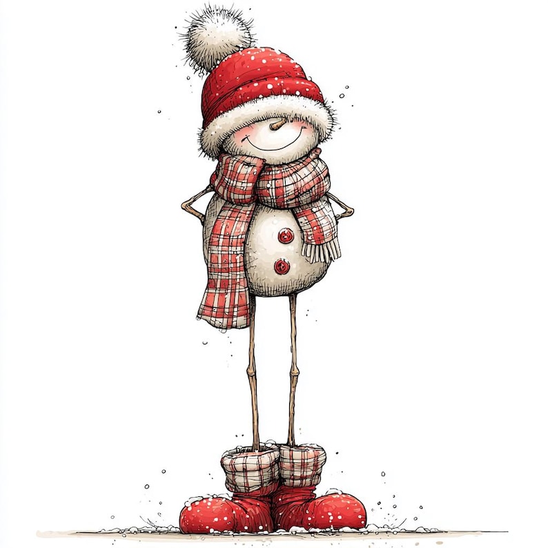 Op de afbeelding: Illustratie van een grillige sneeuwman. De sneeuwman draagt een rode hoed met een witte pompon, een rood-witte geruite sjaal en bijpassende rode laarzen. De sneeuwman heeft een lachend gezicht en staat op een besneeuwd oppervlak.