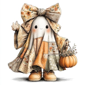 Könnte beinhalten: Eine Cartoon-Geisterfigur mit einer großen Schleife im Patchwork-Stil und einem fließenden Umhang mit verschiedenen Blumen- und Karomustern in Orange-, Creme- und Brauntönen. Der Geist hält einen kleinen orangefarbenen Kürbis voller Blumen und trägt hellbraune Schuhe.
