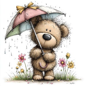 Puede incluir: Una ilustración caprichosa de un oso de peluche resguardándose bajo un paraguas colorido bajo la lluvia. El oso, con una gran nariz y ojos expresivos, se encuentra entre flores silvestres. El paraguas tiene paneles rosas, verdes y azules, y está atado con un lazo amarillo.