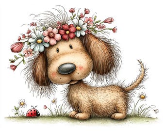 Whimsical Spring Dachshund Clipart – Floral Watercolor Sausage Dog PNGs for Spring