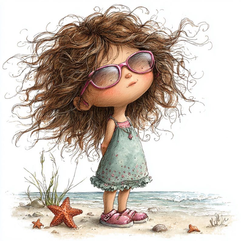 Op de afbeelding: Illustratie van een jong meisje met bruin krullend haar dat een roze zonnebril en een lichtgroene jurk draagt. Ze staat op een zandstrand met een zeester en de oceaan op de achtergrond. Het meisje draagt roze sandalen.