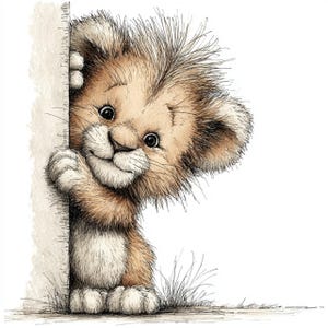 May include: A charming illustration of a baby lion peeking around a corner. The lion cub has soft, light brown fur, big eyes, and a friendly smile. The artwork is detailed with a hand-drawn style, and the background is white.