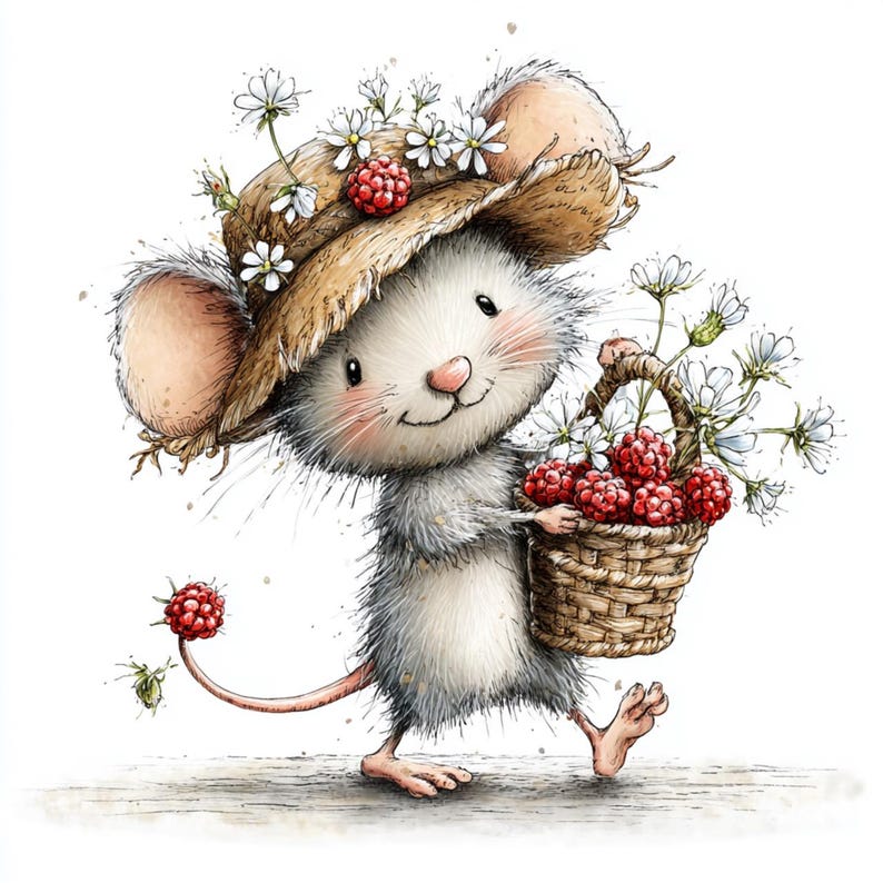 May include: A charming illustration of a mouse wearing a straw hat adorned with white flowers and red berries. The mouse carries a woven basket filled with red raspberries and white flowers. The mouse has gray fur and a pink nose, and is walking.