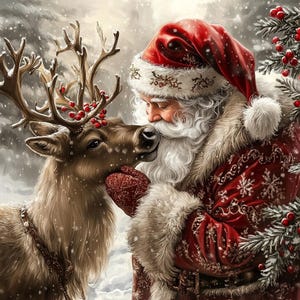 Puede incluir: Una figura de Papá Noel con barba blanca, abrigo rojo con ribete de piel blanca y gorro a juego, tocando la barbilla de un reno marrón con grandes astas decoradas con bayas rojas, sobre un fondo de bosque invernal nevado.