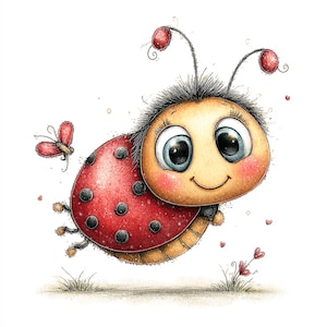 Peut inclure: Illustration fantaisiste d'une coccinelle de dessin anim&eacute; avec un visage souriant, de grands yeux bleus et une carapace rouge &agrave; pois noirs. Un petit papillon rouge et de l'herbe sont &eacute;galement pr&eacute;sents.