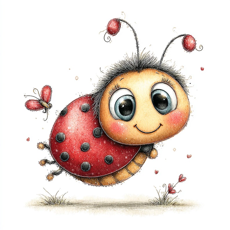 Peut inclure: Illustration fantaisiste d'une coccinelle de dessin anim&eacute; avec un visage souriant, de grands yeux bleus et une carapace rouge &agrave; pois noirs. Un petit papillon rouge et de l'herbe sont &eacute;galement pr&eacute;sents.