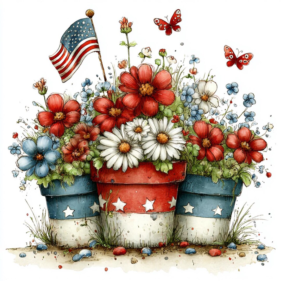 26 JPG Whimsical Patriotic Flowers Clipart – Watercolor 4th of July ...