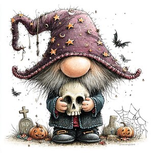 May include: A whimsical gnome illustration wearing a large purple hat decorated with yellow stars and moons. The gnome has a long gray beard, holds a human skull, and stands near two carved jack-o'-lanterns, a tombstone, and a spider web.