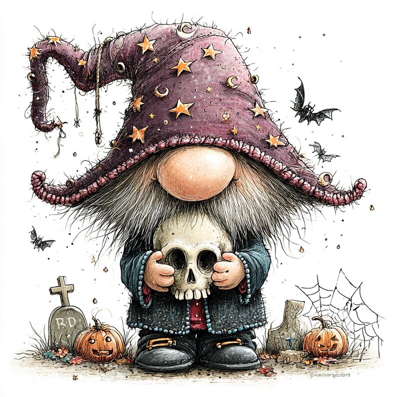 May include: A whimsical gnome illustration wearing a large purple hat decorated with yellow stars and moons. The gnome has a long gray beard, holds a human skull, and stands near two carved jack-o'-lanterns, a tombstone, and a spider web.