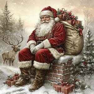 May include: Santa Claus with a long white beard wearing a red velvet suit with white fur trim, a matching hat, and brown leather boots. He sits on a brick chimney next to a large sack filled with wrapped gifts and a reindeer in the snow.