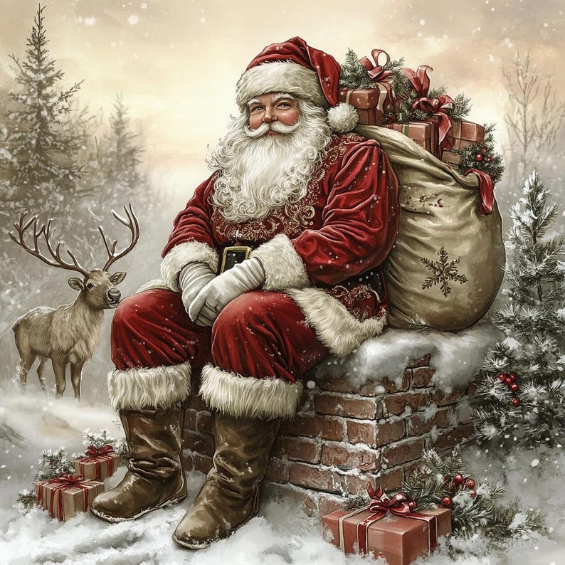 May include: Santa Claus with a long white beard wearing a red velvet suit with white fur trim, a matching hat, and brown leather boots. He sits on a brick chimney next to a large sack filled with wrapped gifts and a reindeer in the snow.