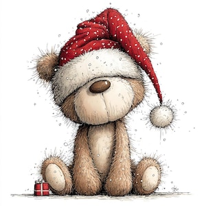 K&ouml;nnte beinhalten: Illustration eines Teddyb&auml;ren mit rotem Weihnachtsmannhut mit wei&szlig;en Punkten und wei&szlig;em Rand. Der B&auml;r sitzt neben einer kleinen roten Geschenkbox. Das Bild hat einen weichen, strukturierten Stil mit Winterthema.