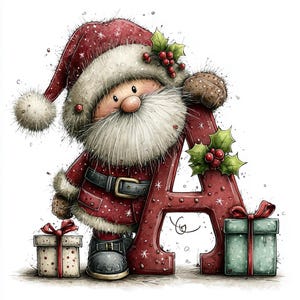 Op de afbeelding: Een cartoonillustratie van de Kerstman in een rood pak met witte bontrand en bijpassende muts, leunend tegen een grote, donkerrode letter A versierd met hulst en bessen, geflankeerd door twee cadeauverpakkingen met rode linten.