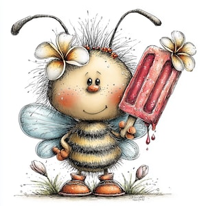 Pode incluir: Ilustração de uma abelha de desenho animado segurando um picolé rosa. A abelha tem um corpo listrado amarelo e preto, asas azuis e é adornada com flores. A imagem tem um fundo branco e é um design de verão.