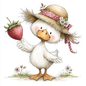 May include: A charming illustration of a white duck wearing a straw hat with a pink polka dot ribbon and holding a large red strawberry. The duck has rosy cheeks and is standing on grass with small pink flowers.