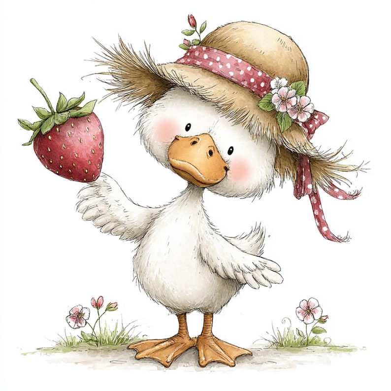 May include: A charming illustration of a white duck wearing a straw hat with a pink polka dot ribbon and holding a large red strawberry. The duck has rosy cheeks and is standing on grass with small pink flowers.