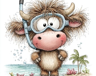 44 JPG Nyckfull Sommar Höglandsko Clipart, Söt Strandko Konst, Sommardjur, Barn Clipart, Digital Nedladdning, Kommersiellt Bruk