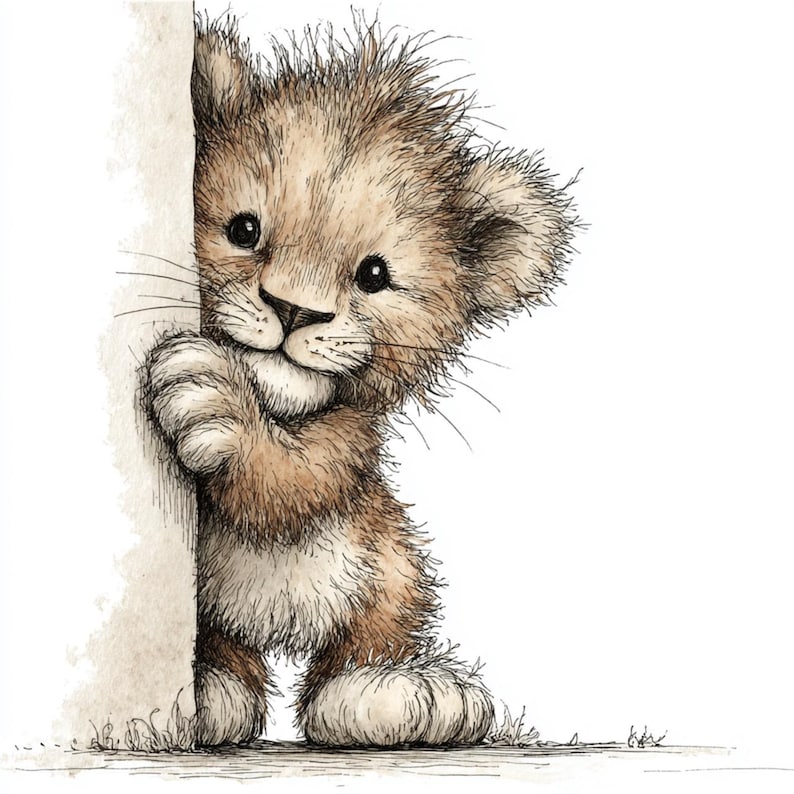 May include: A detailed illustration of a baby lion cub peeking around a corner. The cub has a fluffy, light brown mane and big, dark eyes. Its paws are resting on the edge of a white surface, giving the impression of hiding. The artwork is done in a detailed, sketch-like style.