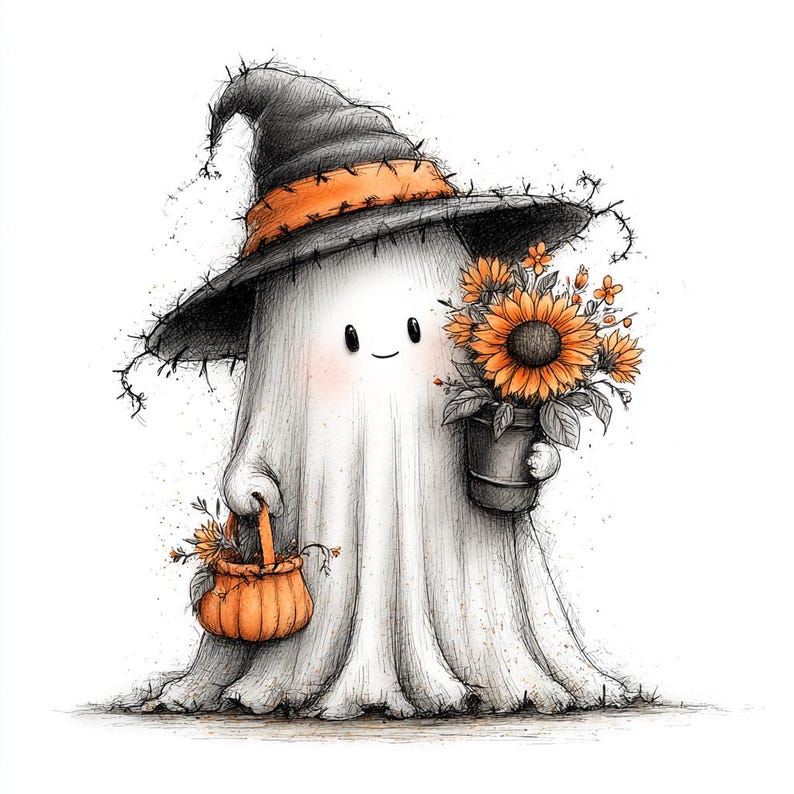 May include: A whimsical illustration of a friendly ghost wearing a witch hat with an orange band. The ghost is holding a pumpkin basket and a pot of sunflowers. The artwork is in a pencil sketch style with a white background.