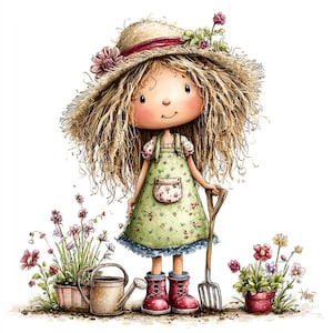 Puede incluir: Ilustración caprichosa de una joven jardinera. Lleva un sombrero de paja adornado con flores, un vestido con delantal floral verde y botas rojas. Sostiene una horca de jardín y está entre flores en macetas y una regadera.