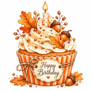 Pode incluir: Um cupcake com cobertura branca, coberto com uma vela acesa, duas bolotas e folhas de carvalho laranja. O invólucro de papel às riscas laranja e brancas tem uma etiqueta recortada atada com fio que diz Happy Birthday.