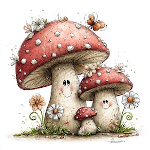 May include: Watercolor illustration of three smiling mushrooms with red caps and white spots, surrounded by daisies and butterflies. The mushrooms have smiling faces and are set against a white background, creating a whimsical, nature-themed design.