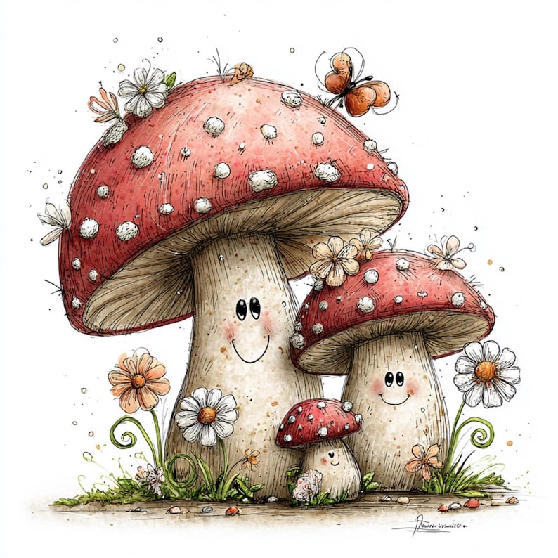 May include: Watercolor illustration of three smiling mushrooms with red caps and white spots, surrounded by daisies and butterflies. The mushrooms have smiling faces and are set against a white background, creating a whimsical, nature-themed design.