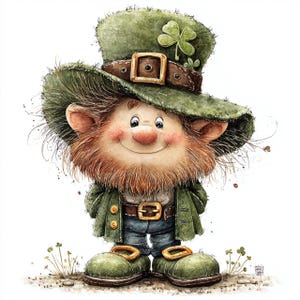 May include: A watercolor illustration of a cheerful leprechaun. He wears a green hat with a shamrock, a brown belt, a green coat, blue jeans, and green shoes with gold buckles. The leprechaun has a red beard and is smiling.