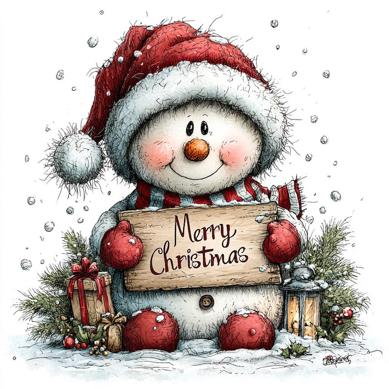 May include: A snowman wearing a red Santa hat and red mittens, holding a wooden sign that reads Merry Christmas. The snowman is surrounded by pine branches, wrapped gifts, and a lit lantern, all set against a backdrop of falling snow.
