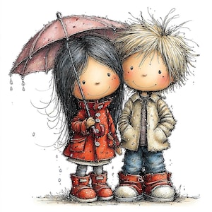 May include: Illustration of two cartoon children standing together under a pink umbrella. The girl wears a red coat and boots, while the boy has a tan jacket, blue jeans, and red boots. The artwork has a whimsical, storybook style.