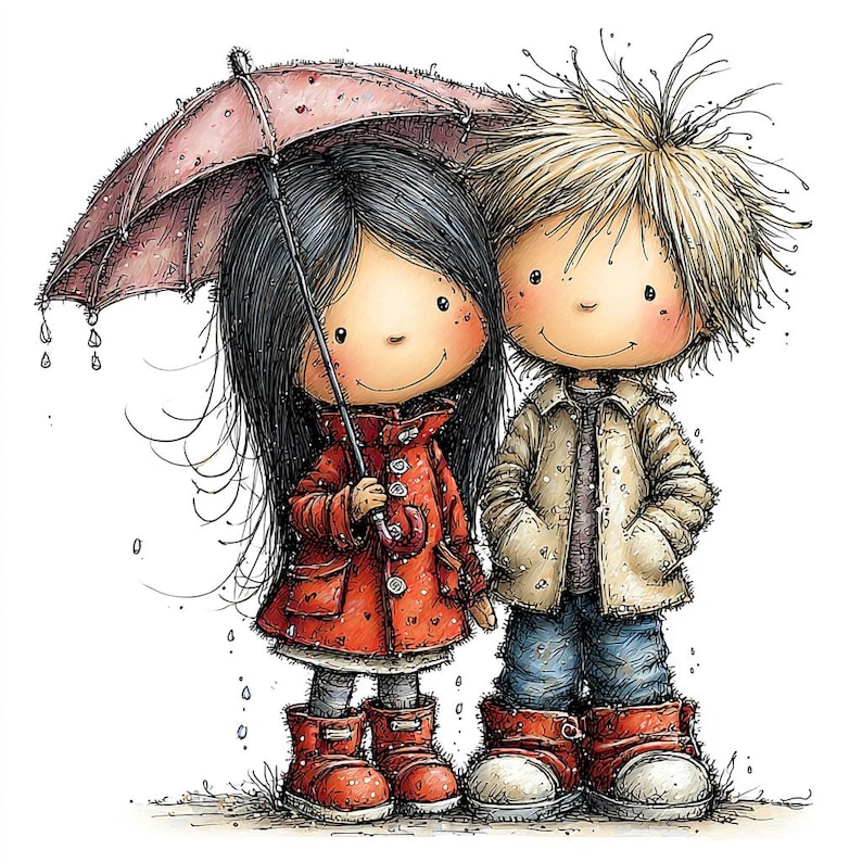 May include: Illustration of two cartoon children standing together under a pink umbrella. The girl wears a red coat and boots, while the boy has a tan jacket, blue jeans, and red boots. The artwork has a whimsical, storybook style.