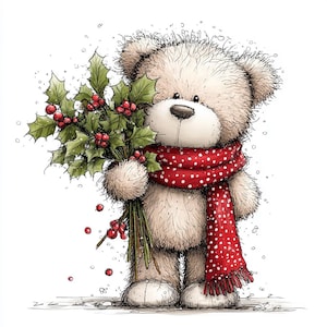 K&ouml;nnte beinhalten: Illustration eines hellbraunen Teddyb&auml;ren mit rotem Schal mit wei&szlig;en Punkten, der Stechpalmenzweige mit roten Beeren h&auml;lt. Der handgezeichnete Stil erzeugt eine festliche Atmosph&auml;re, ideal f&uuml;r Weihnachtsdekorationen.