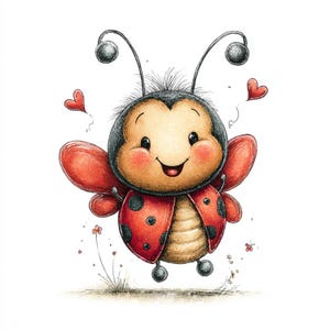 Peut inclure: Illustration d'une coccinelle de dessin anim&eacute; souriante, avec des ailes rouges &agrave; pois noirs et une t&ecirc;te noire. Deux petits c&oelig;urs rouges flottent pr&egrave;s de la coccinelle. La coccinelle est dessin&eacute;e dans un style fantaisiste, avec des ombres douces et une expression amicale.
