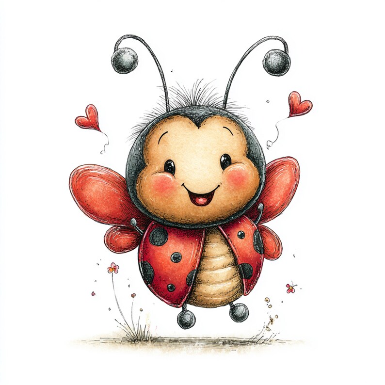 Peut inclure: Illustration d'une coccinelle de dessin anim&eacute; souriante, avec des ailes rouges &agrave; pois noirs et une t&ecirc;te noire. Deux petits c&oelig;urs rouges flottent pr&egrave;s de la coccinelle. La coccinelle est dessin&eacute;e dans un style fantaisiste, avec des ombres douces et une expression amicale.