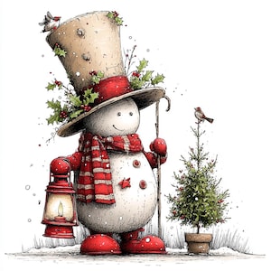 Op de afbeelding: Illustratie van een grillige sneeuwman met hoge hoed, rode sjaal en wanten, met een lantaarn en een wandelstok. Een kleine kerstboom en vogels zijn ook aanwezig. De sneeuwman draagt rode laarzen.