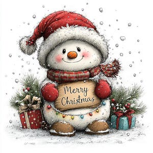 May include: A snowman illustration wearing a red hat and scarf, holding a wooden sign that reads Merry Christmas. The snowman has red mittens, brown boots, and is surrounded by pine branches, a red gift box, and a blue gift box in the snow.