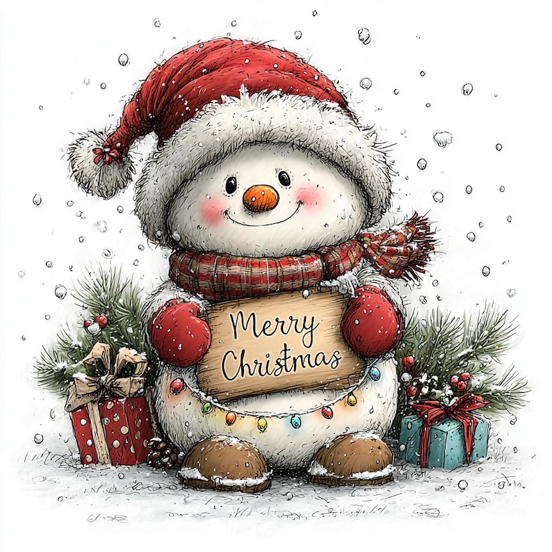 May include: A snowman illustration wearing a red hat and scarf, holding a wooden sign that reads Merry Christmas. The snowman has red mittens, brown boots, and is surrounded by pine branches, a red gift box, and a blue gift box in the snow.