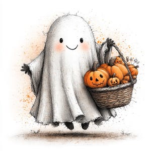 May include: A watercolor illustration of a friendly ghost carrying a basket of carved orange pumpkins. The ghost is white with a smiling face and rosy cheeks. The basket is woven and filled with various sizes of pumpkins.