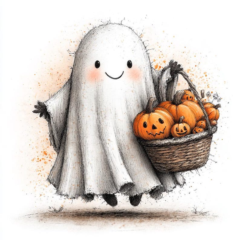 May include: A watercolor illustration of a friendly ghost carrying a basket of carved orange pumpkins. The ghost is white with a smiling face and rosy cheeks. The basket is woven and filled with various sizes of pumpkins.