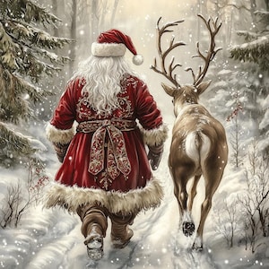 May include: A depiction of Santa Claus wearing a red coat with gold embroidery and white fur trim, accompanied by a reindeer walking through a snowy forest. Santa has a long white beard and a red hat, while the reindeer has large antlers.